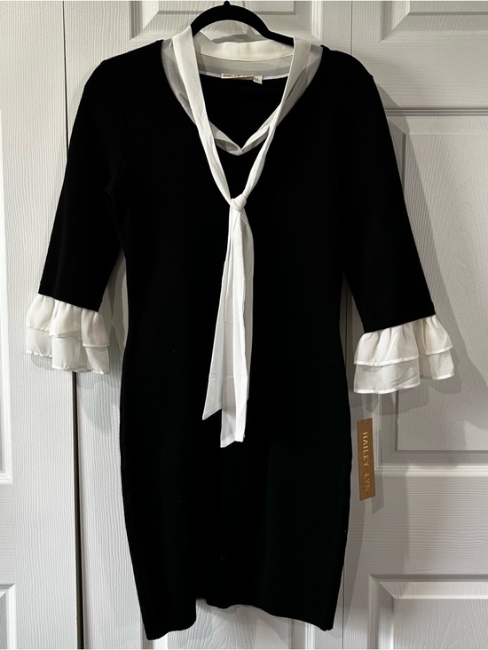 Hailey lyn Dresses & Skirts - Hailey Lyn Black Knit Dress with White Tie & Ruffled Cuffs NWT